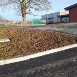 Finished road, kerbs and landscaped areas at York University Heslington Campus