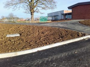 Finished road, kerbs and landscaped areas at York University Heslington Campus