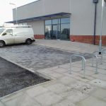 Completed concrete paved yard with bollards at York University Heslington Campus