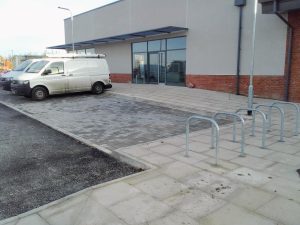 Completed concrete paved yard with bollards at York University Heslington Campus