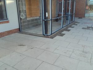 Completed paving slabs at a building entrance on York University Heslington Campus