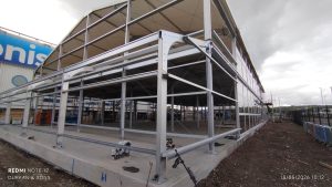 Groundworks surrounding the temporary marquee structure at Elland Road Stadium during the West Stand Enabling Works
