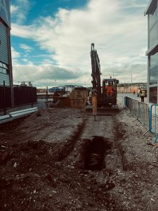 Drainage trench excavation at Elland Road Stadium during the West Stand Enabling Works